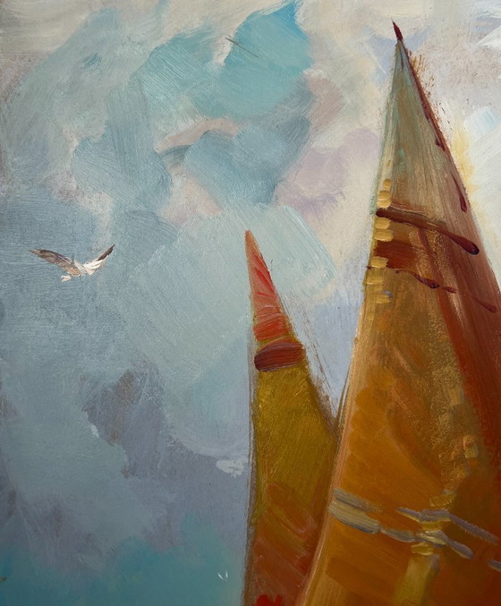 Image 1 of Peinture à l'huile originale représentant un paysage marin côtier. Bateau solitaire dans les vagues.