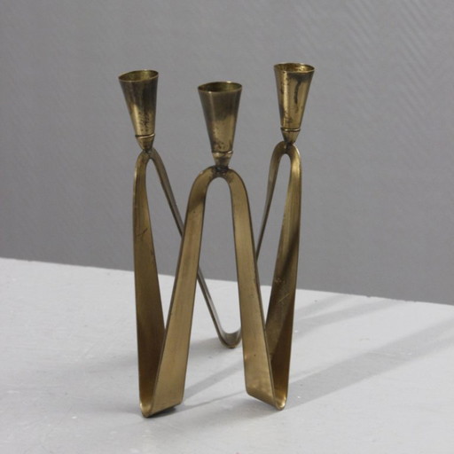 Vintage messing drielichts kandelaar, modernistisch ontwerp, jaren 1950