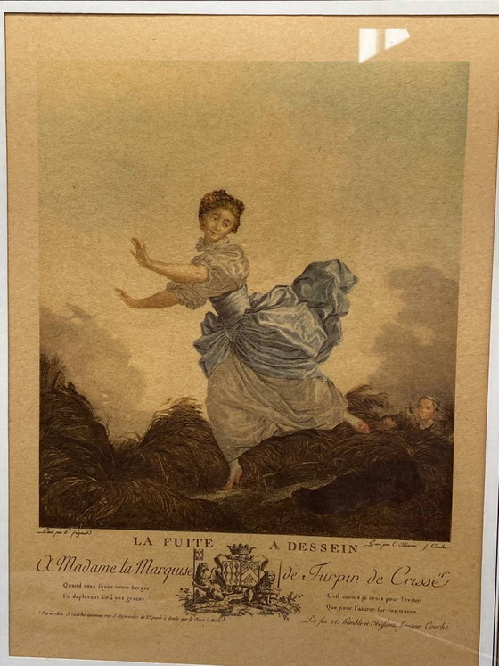 De Ontsnapping, prent naar Fragonard, gegraveerd door Massin en Couché, ingelijst – Decoratieve objecten (photo 2 of 5)