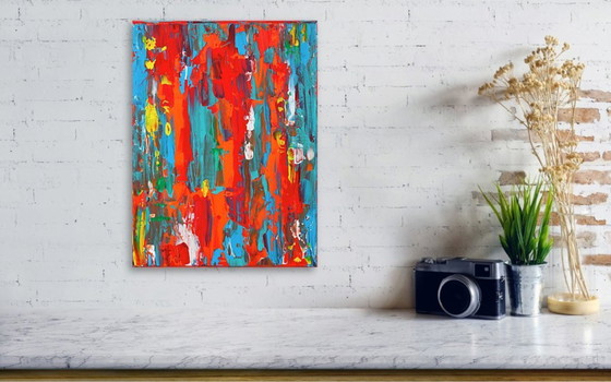 Image 1 of Abstract Red, Orange and Blue original painting on stretched canvas