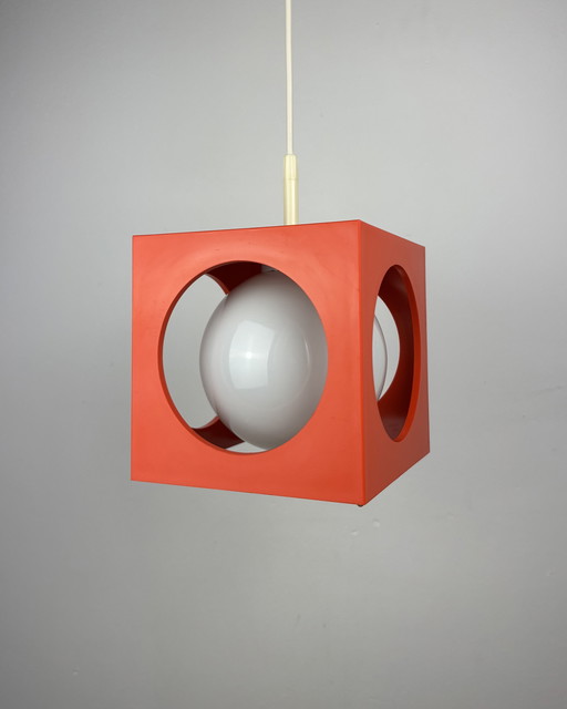 Space Age Ceiling Lamp, Richard Essig, Orange Minimalistic Cube Design, 1970s, Retro-Futuristic Lamp, Germany, Sputnik Design