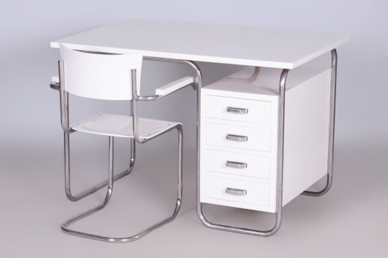 Gerestaureerd Bauhaus schrijfbureau met stoel, chroom, staal, hout, Tsjechisch, jaren 1930 – Metal, Wood (photo 6 of 7)