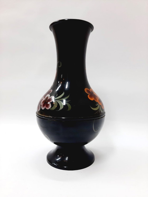 Image 1 of Vintage Black Enamel Vase, Floral Pattern 23 cm