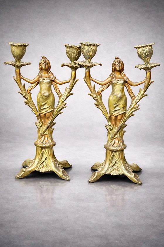 Paire de chandeliers anciens Art Nouveau. – Bougeoirs et chandeliers, Metal (photo 3 of 7)