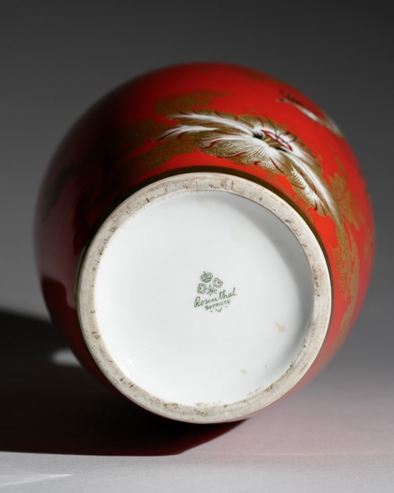 Image 1 of Rosenthal Porcelain Floor Vase Chinoiserie Phoenix Decor Red & Gold Germany 1938