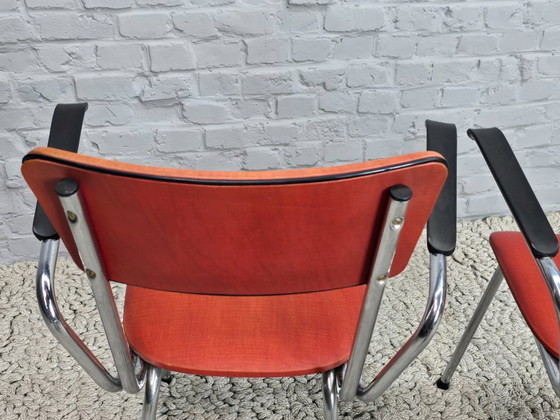 Image 1 of Set of 4 Vintage Design Chromed Frame Kitchen Chairs with Red Leatherette Upholstery. The Netherlands, 1960s
