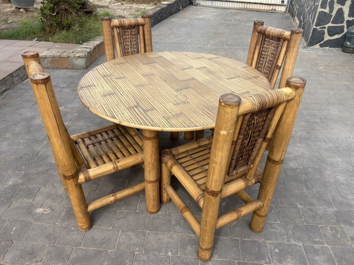 Conjunto de Comedor Vintage de Bambú Grueso de Mediados de Siglo - Mesa Redonda y 4 Sillas (Años 70)
