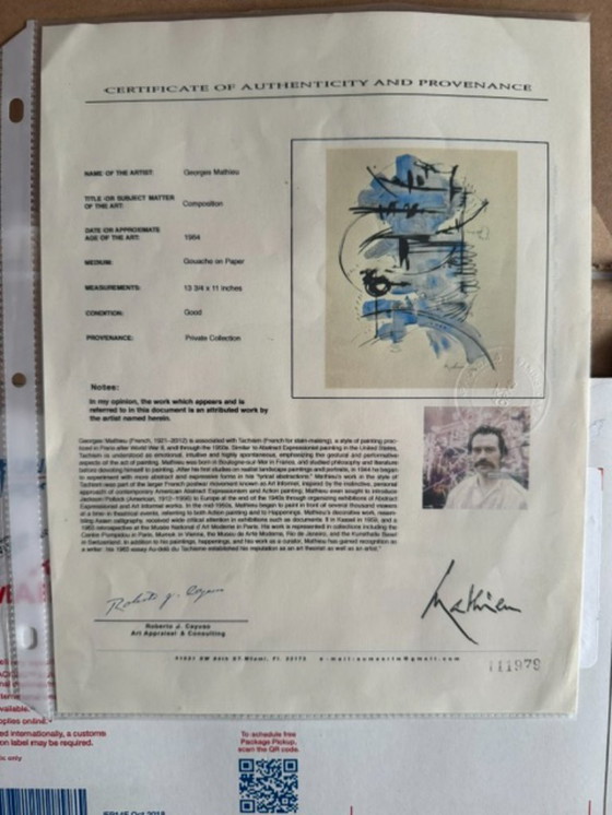 Image 1 of Georges Mathieu, gouache op papier, 1964