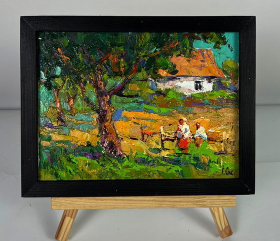 Image 1 of Peinture à l'huile originale représentant un paysage de campagne, un jardin et une maison en vacances d'été à la campagne