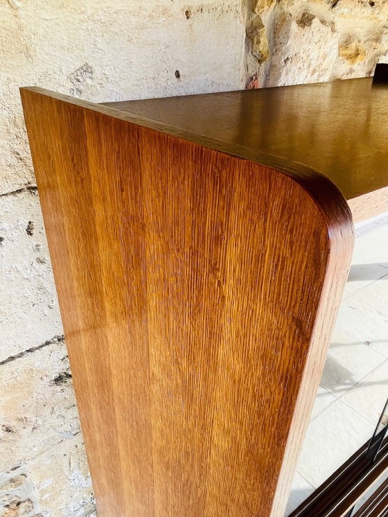 Image 1 of Librería de roble de mediados de siglo, con puertas correderas de cristal, década de 1960