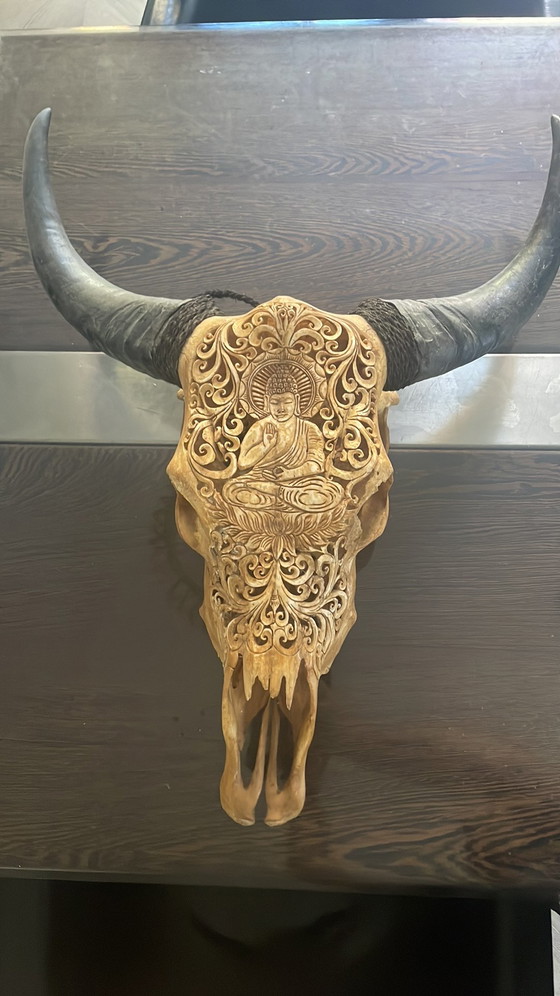 Image 1 of Buffalo skull with Buddha engraving