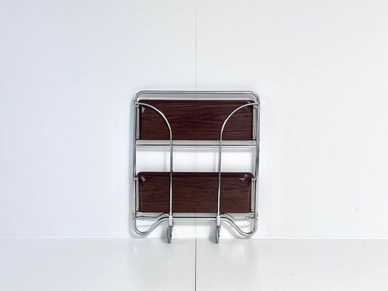 Desserte Bremshey Dinett, pliable, chrome et aspect bois foncé, Mid-Century, Argenté, Vintage (photo 10 sur 15)