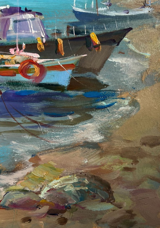 Image 1 of Original Oil Painting Summer Coastal Landscape Boats and lighthouse