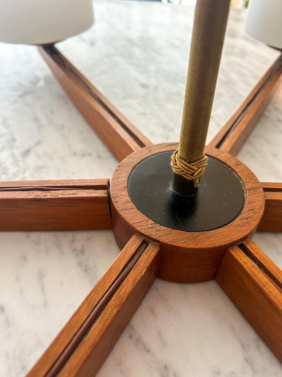 Vintage Mid Century Modern Teak Pendant Lamp Large Teak Frosted Glass – Wood (photo 4 of 14)
