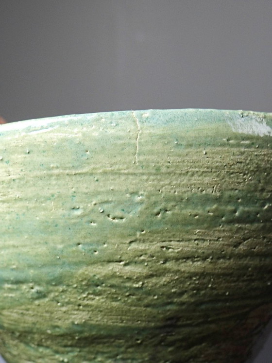 Image 1 of Vintage handmade ceramic bowl, 20th-19th century, celadon green, blue-green, Wabi-Sabi