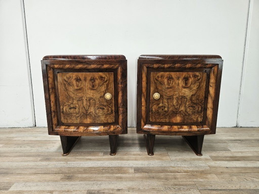 Toscaanse Art Deco nachtkastjes uit de jaren 1940 van wortelnotenhout.