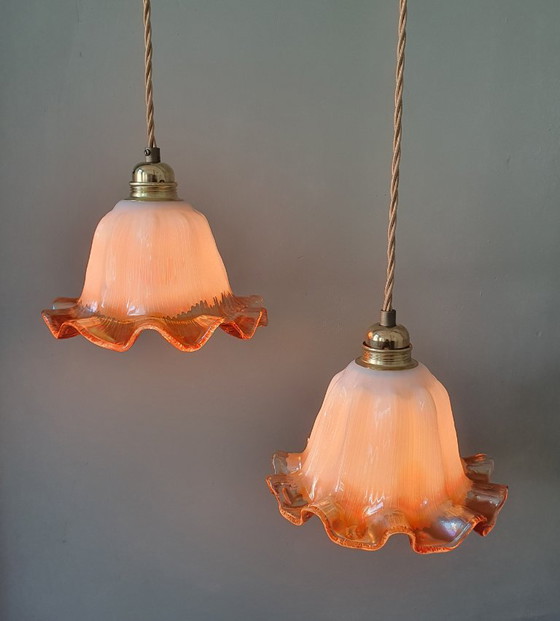 Set of Vintage Glass Pendant Lights. Floral / Flower-shaped Glass – Pendant lamps, Metal (photo 4 of 24)