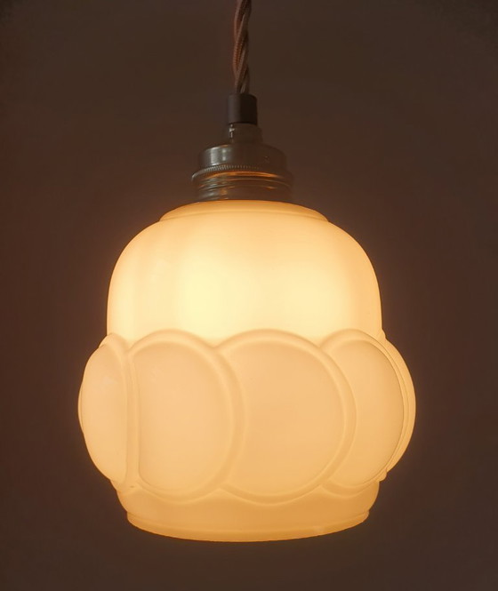 Image 1 of Vintage Hanglamp - Opaline Glas Met Bolpatroon - Gedraaid Textielsnoer