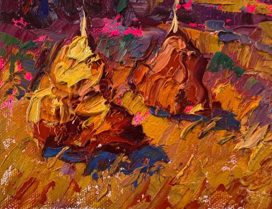 Image 1 of Original Oil Painting Autumn Nature Landscape Sunset Over The Field