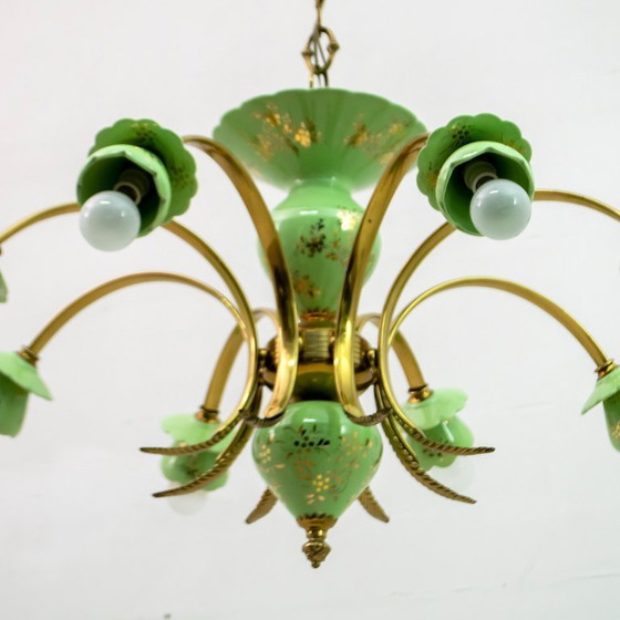 Image 1 of Lampadario italiano a 8 luci in porcellana e ottone in stile neoclassico, anni '60
