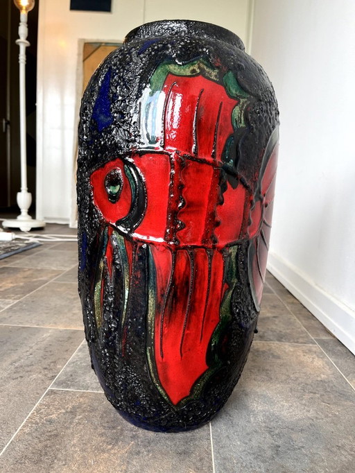 West Germany rare large lava vase with fish motif