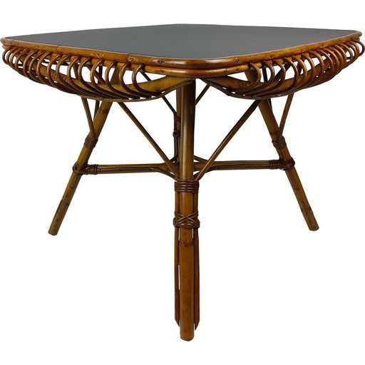 Mesa cuadrada vintage de bambú y ratán, 1960