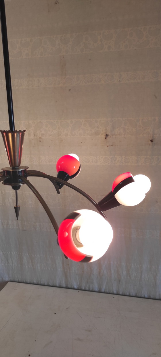 Image 1 of Lustre 6 feux stilnovo en laiton et nverre de murano - années 50