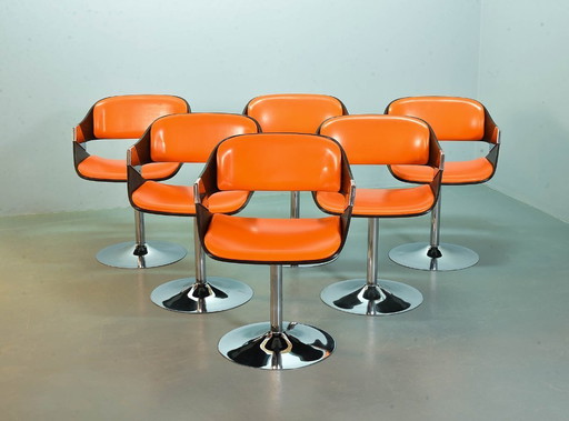 Rudi Verelst Radiant Orange Mid-Century Design Dining Chairs on Chrome Pedestal for Novalux. Set of 6. Belgium, 1960s