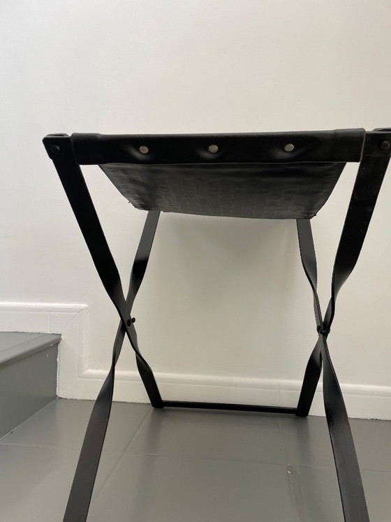 Image 1 of Tabouret haut pliant / taburette en métal et cuir tressé