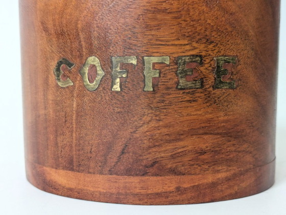 Image 1 of Midcentury Teak Coffee Canister with Brass Inlay Letters, Danish Modern Wooden Storage Jar