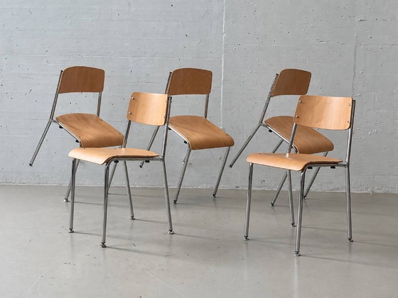5 Stackable Chrome Steel Chairs, 1990s – Side chairs, Wood (photo 2 of 12)