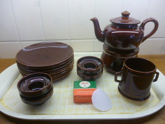 Image 1 of 4 x Vintage 1960s Brown Pottery Coffee, Tea, Breakfast Set