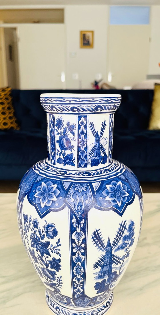 Image 1 of rare handmade Vintage Delft Blue VASE Hand Painted Holland Windmill Jeblo 1890–1930.
