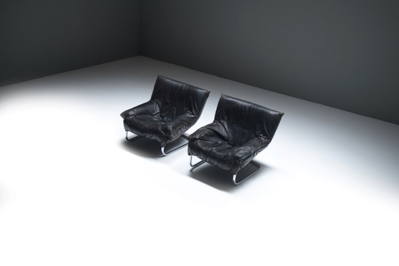 Image 1 of  Very rare black leather cantilever Easy Chairs by Gerard van den Berg - Montis