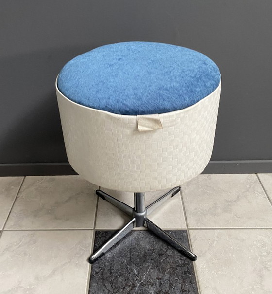 Image 1 of Sewing box on chroom foot, white skai and blue gabric 1960s