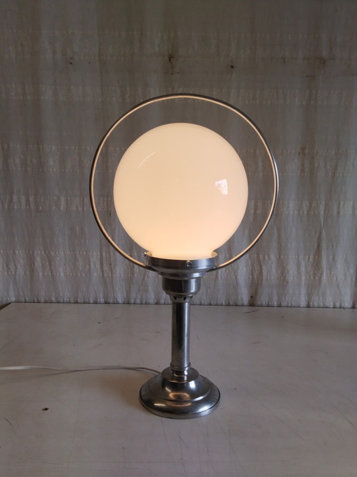 Table lamp in pewter and opaline glass globe - mid-20th century