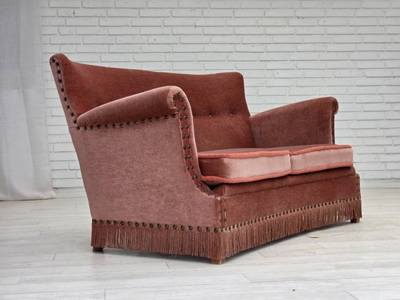 Image 1 of 1970s, Danish 2-seater sofa, original salmon pink furniture velour, beech wood.