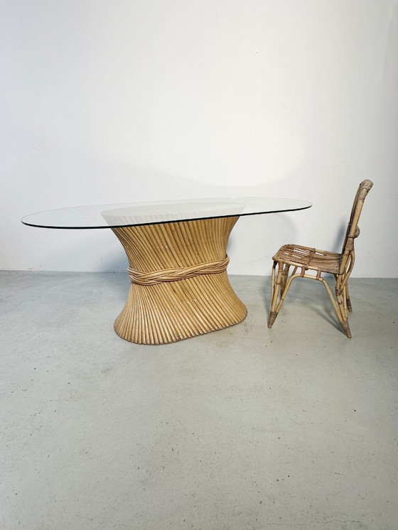Image 1 of McGuire-Esstisch „Sheaf of Wheat“ aus Rattan und Glas aus den 1970er Jahren