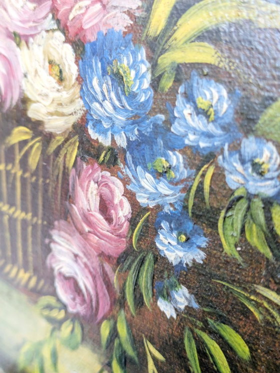 Image 1 of Peinture à l'huile florale ancienne sur toile dans un cadre doré orné, signée par l'artiste