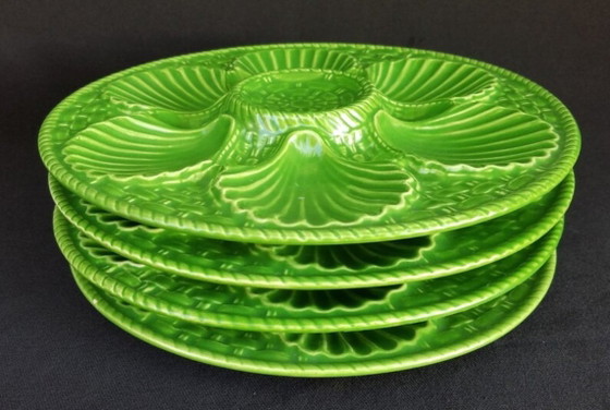 Image 1 of Set of 4 Vintage French Green Oyster Plates | Majolica Style Ceramic Seafood Serving Plates