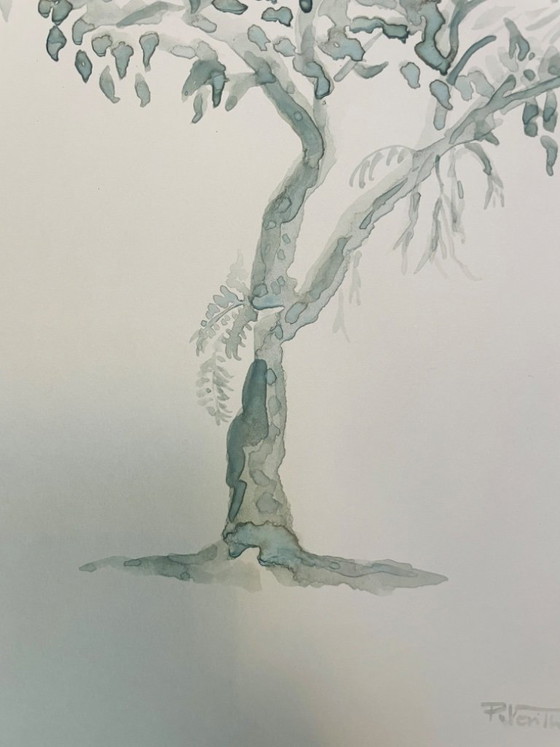 Image 1 of Signed watercolor, monochrome sage green landscape, "solitary tree"