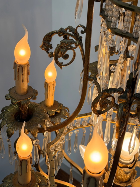 Impressionnant lustre ancien français en bronze doré et cristal, Verre (photo 6 sur 9)