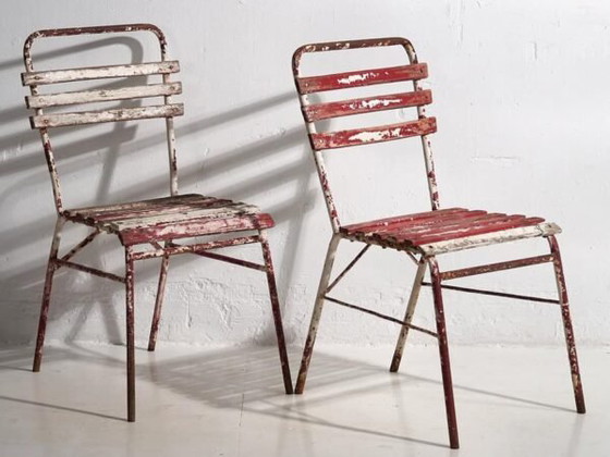 Antique red and white terrace chairs (c.1920). Set of 4 pieces – Garden chairs, Wood, Iron (photo 25 of 40)