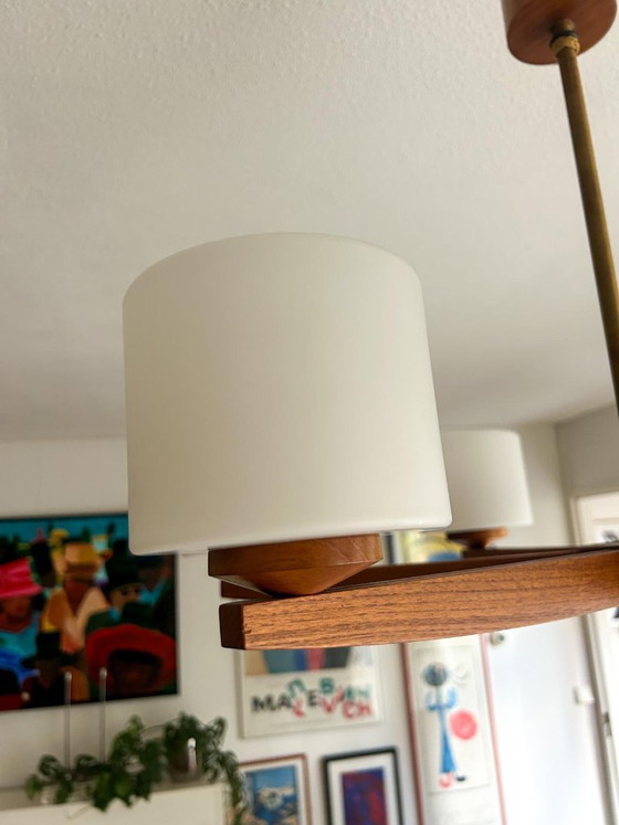 Vintage Mid Century Modern Teak Pendant Lamp Large Teak Frosted Glass – Wood (photo 11 of 14)