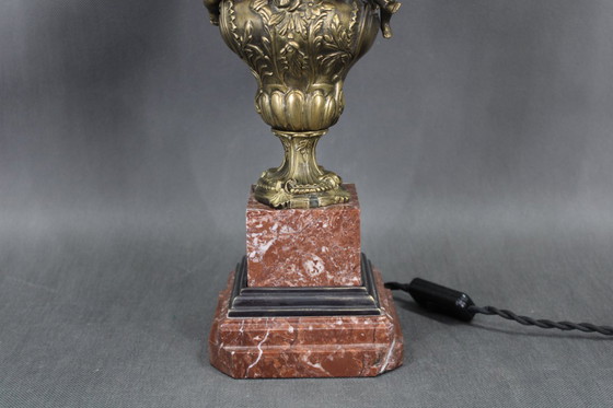 Image 1 of 1940s Restored Brass and marble Table Lamp with Fabric Shade