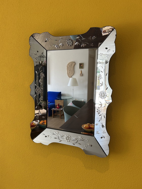 Image 1 of Prachtige Vintage Venetiaanse Spiegel – Geëtst Glas 79x58 cm