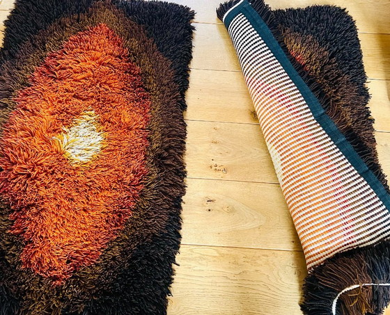Image 1 of 2x vintage, original 1970s shag rugs, rugs in perfect condition, orange, yellow, brown