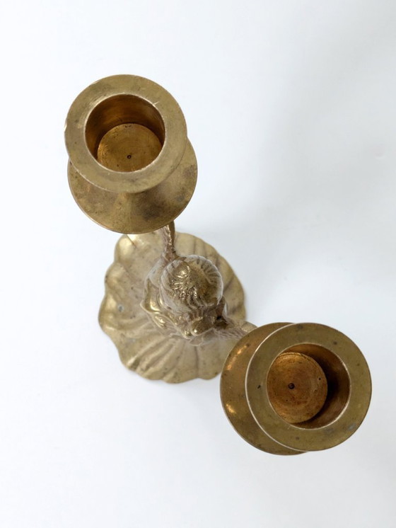 Image 1 of Midcentury Brass Candleholder, Winged Angel for 2 Candles, Christmas Brass Decor