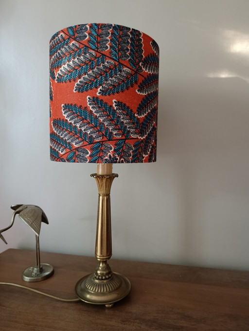 Vintage gilded bronze table lamp, plant-print linen shade