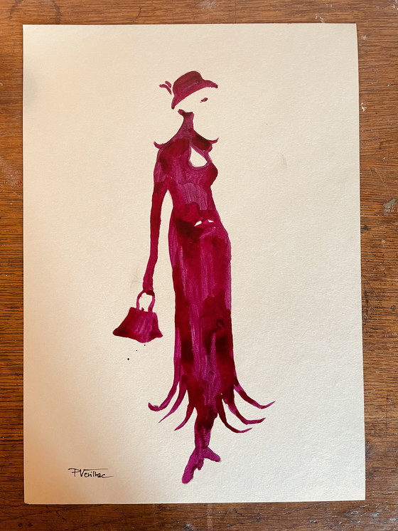 Image 1 of Tableau Signé Encre Gravure Mode Portrait Féminin " Paarse jurk " (gesigneerd)